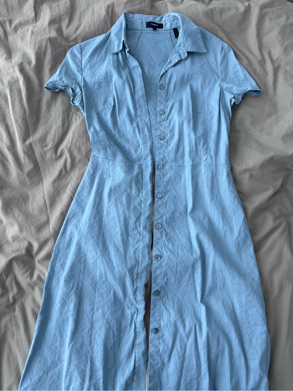 Theory linen-blend button-down shirt dress in ‘sea glass blue’ sz 8